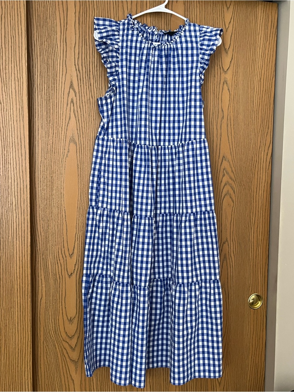 J. Crew Women’s Blue and White Gingham Check Tiered Ruffle Sleeve Maxi dress L
